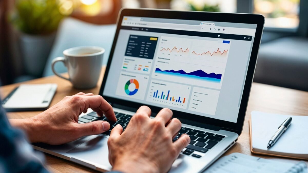 A digital marketing firm strategist is using a laptop for running digital marketing plans