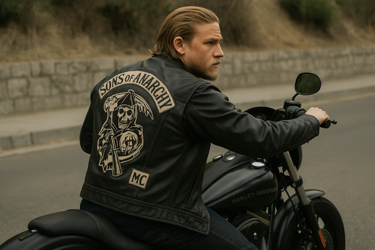 Jax Teller riding a harley devidson wearing sons of anarchy leather jacket