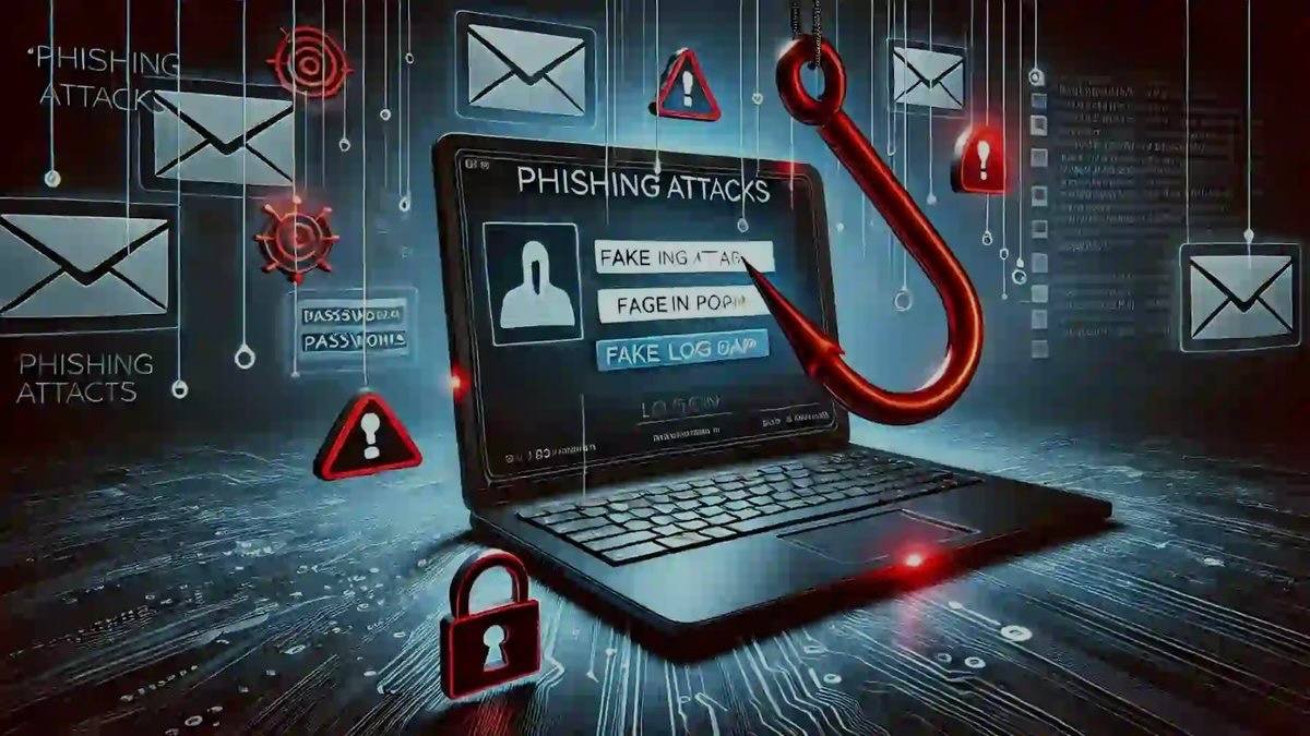 Alt text: A laptop displaying a phishing attack warning with a large red fishhook above it, surrounded by envelopes, warning signs, and security lock icons, symbolizing cyber threats.