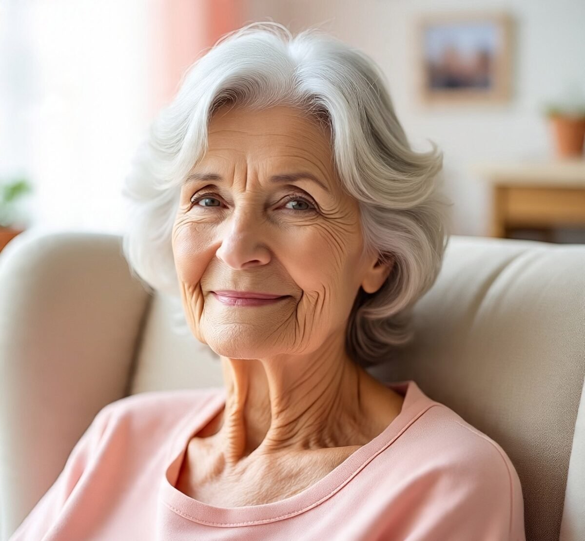 An older woman with smooth, hydrated skin symbolizing restorative skincare in the 50s and 60s.