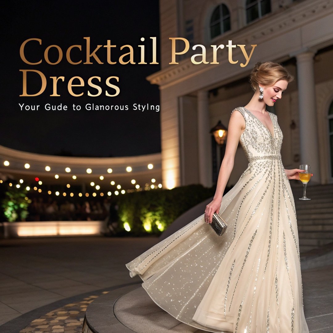 Elegant woman wearing a sparkling cocktail party dress at a nighttime outdoor event.